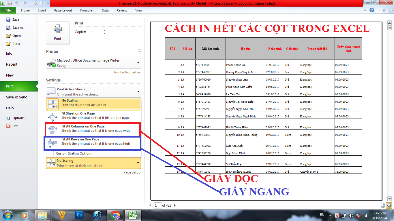 Cách in hết các cột trong bảng excel