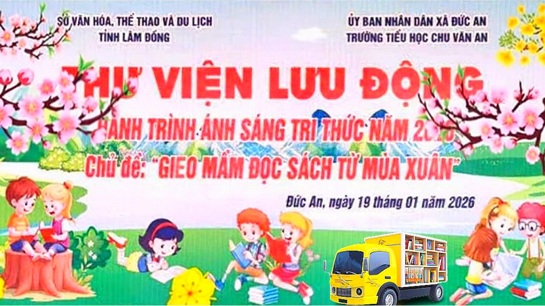 Hành trình ánh sáng tri thức 2026 do thư viện tỉnh Lâm Đồng khu vực 3 tổ chức tại trường Tiểu học Chu Văn An: Gieo mầm đọc sách từ mùa xuân.